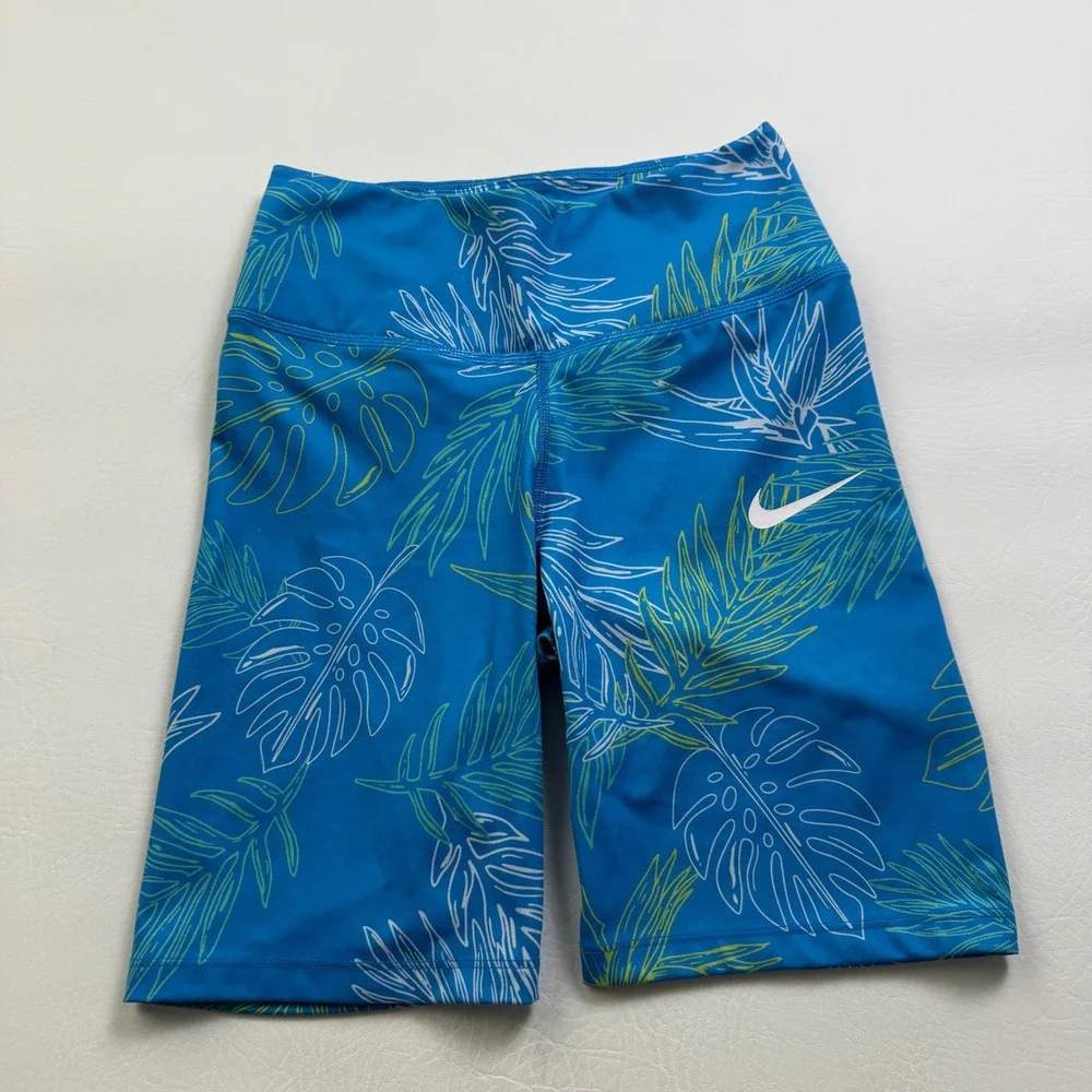 Nike Dri-FIT One Womens Tropical Monstera Print Bike Shorts Blue DV9681-435 XS